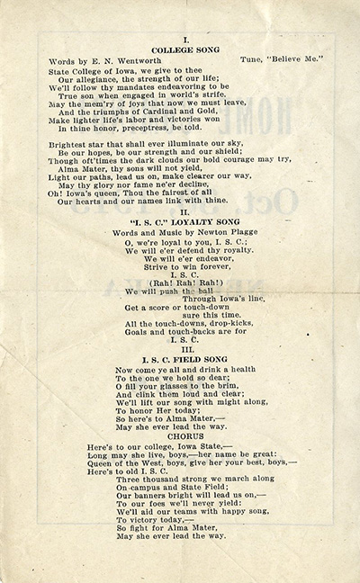 1915 Homecoming flier of college songs